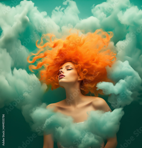 Beautiful red-haired woman portrait with orange liquid paint flowing. Artistic abstract background. AI generated image