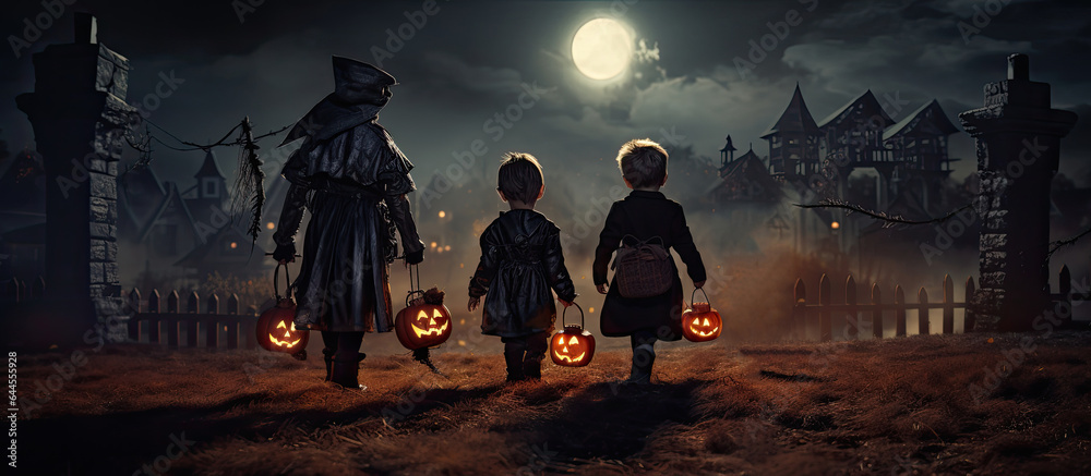 Rear view of children dressed up in costume for Halloween.