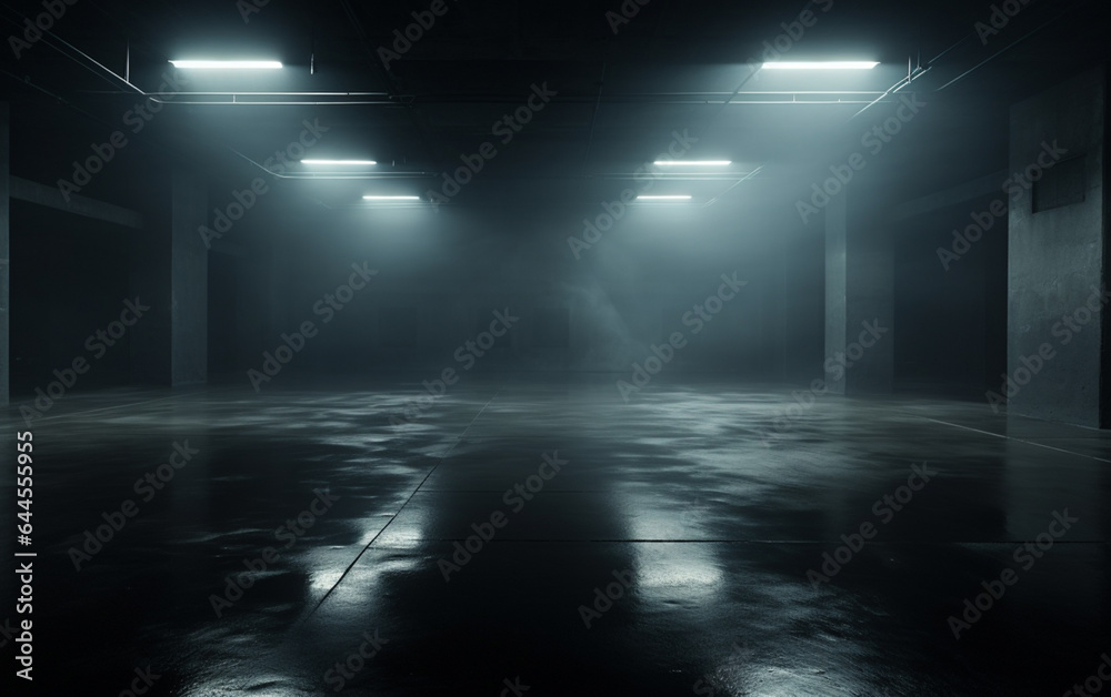 Dark and dark room wall with cement reflective floor, smoke and dim light