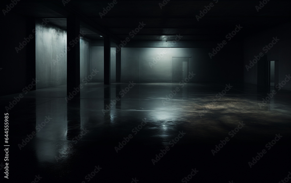 Dark and dark room wall with cement reflective floor, smoke and dim light