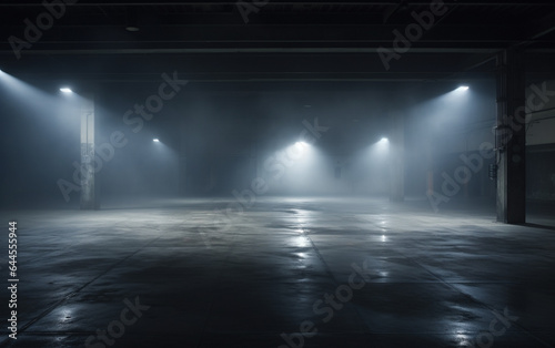 Dark and dark room wall with cement reflective floor, smoke and dim light © MUS_GRAPHIC