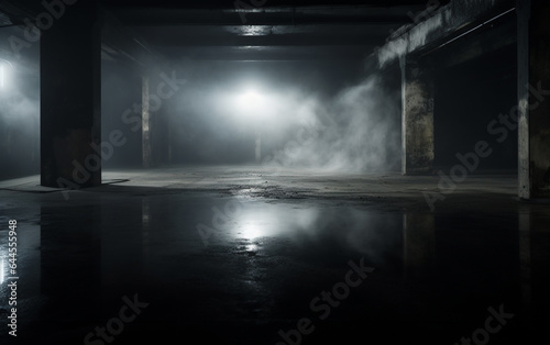 Dark and dark room wall with cement reflective floor, smoke and dim light