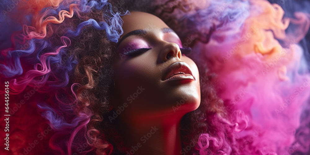 Model Frau blond Gesicht mit bunter Rauch Explosion umhüllt und grandioses Makeup Nahaufnahme als Poster Querformat, ai generativ