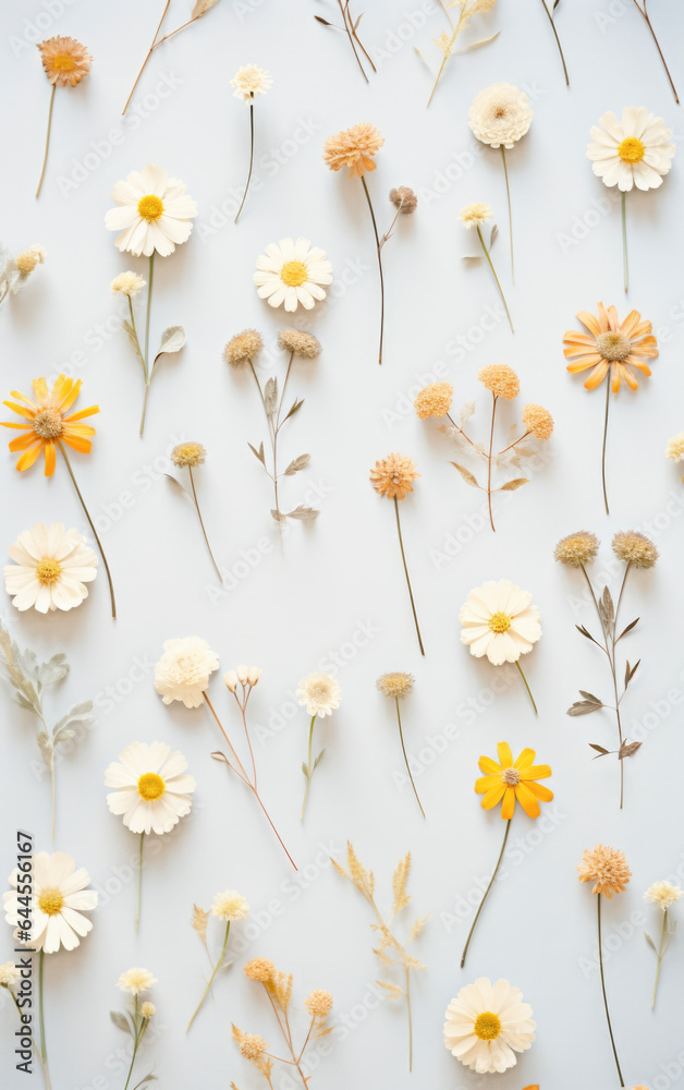 Autumn, fall floral flat lay. Various meadow dry plants on white background. Ai generated image.