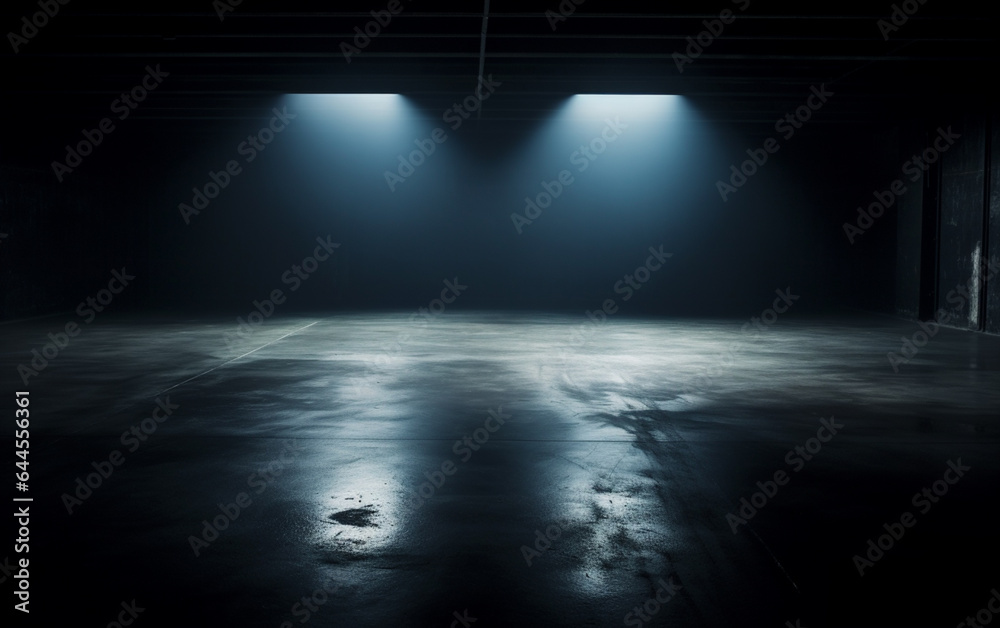 Fototapeta premium Dark and dark room wall with cement reflective floor, smoke and dim light