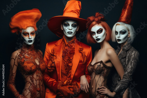 Models with face paint, orange hats and costumes on black background. Halloween party concept.
