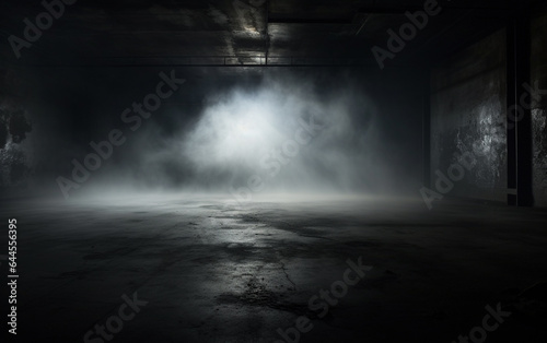 Dark and dark room wall with cement reflective floor, smoke and dim light