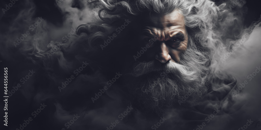 Portrait of a old mysterious man with a long beard and mustache in a black cloak in the dark smoke - obrazy, fototapety, plakaty 