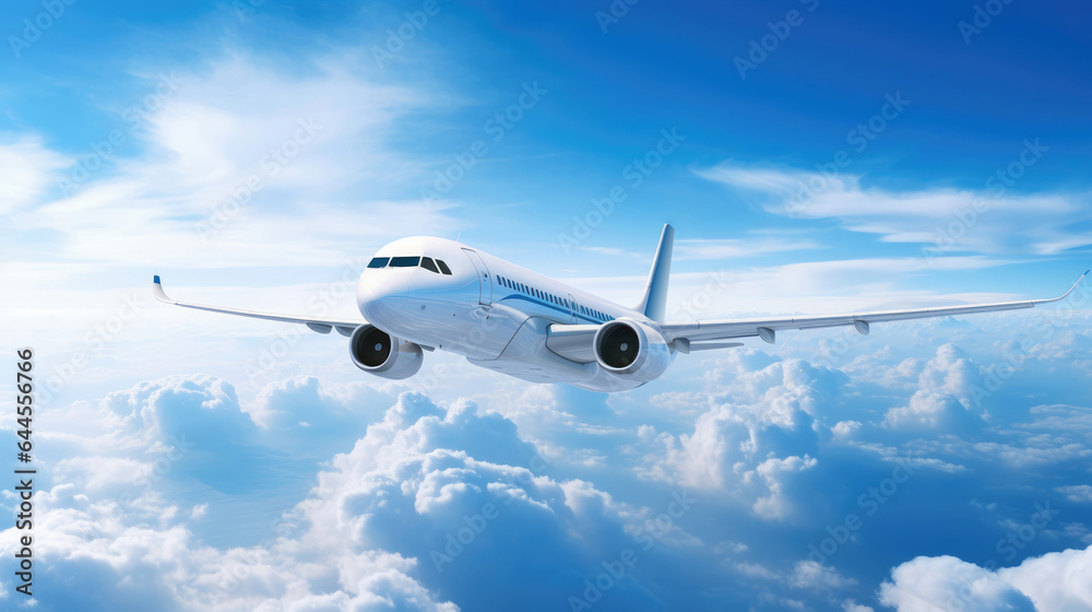 Obraz premium Passenger plane flying above the clouds on a clear day
