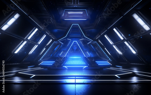 Dark Studio Warehouse Laser Led Glowing Studio Lights Stage Concert Showroom Podium Virtual Night Blue Cyber Alien Spaceship 3D 