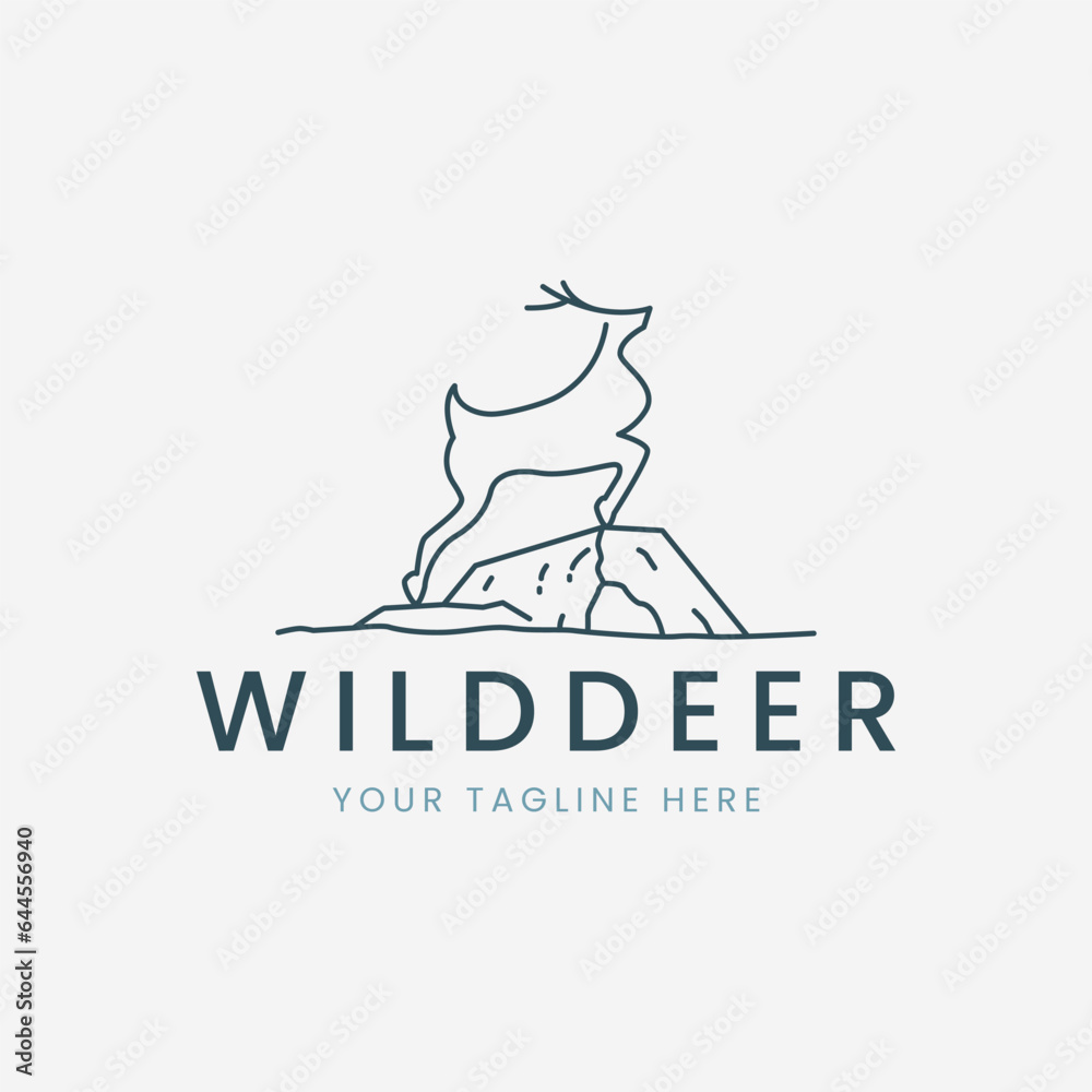 wild deer line art logo vector with stone facing side illustration template design