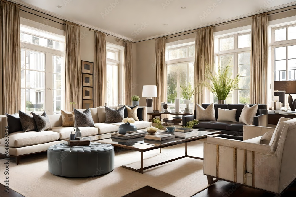 Create a transitional living room with a mix of classic and contemporary furnishings. 