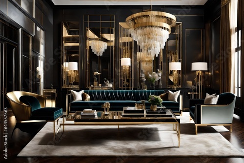 Generate an Art Deco living room featuring glamorous furnishings and luxurious details. 