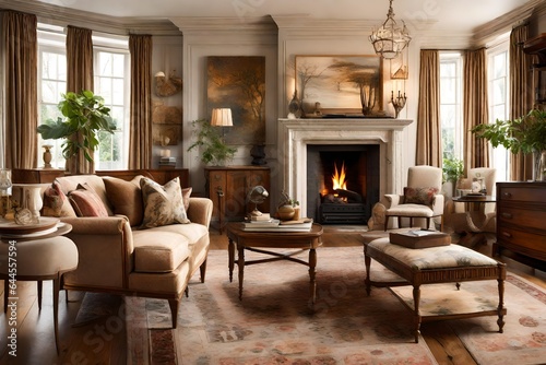 Create a cozy traditional living room with a fireplace and antique furnishings. 