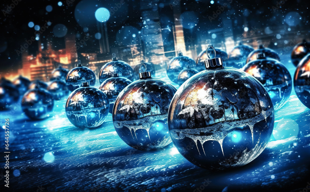 Postcard template for Merry Christmas and Happy New Year. Christmas tree balls in light blue colors Postcard template for Merry Christmas and Happy New Year. Christmas tree balls in light blue colors