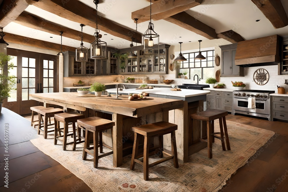 Create a rustic farmhouse kitchen with wooden beams and vintage-inspired fixtures. 