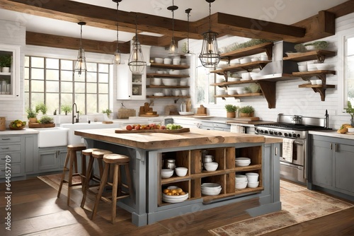 Create a farmhouse-inspired kitchen with rustic charm  open shelving  and a farmhouse sink. 