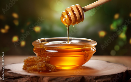 Honey. Healthy organic thick honey dripping from the honey dipper in wooden bowl. Sweet dessert backgr
