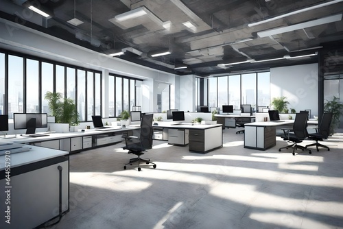 Render a contemporary office space with cutting-edge design elements and clean lines. 