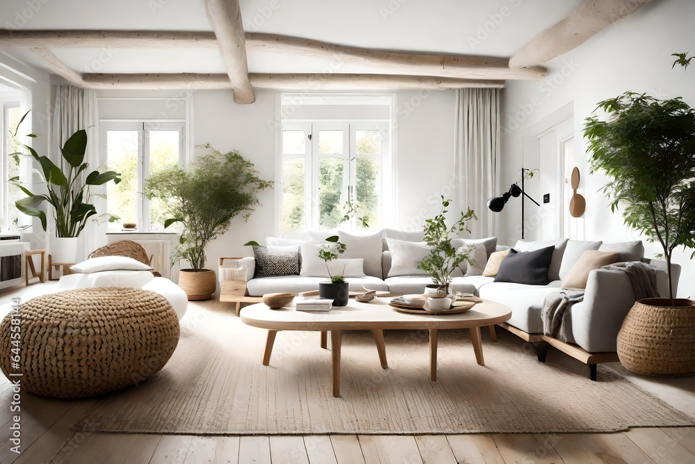 Design a light and airy Scandinavian living room featuring natural ...