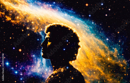 Human body with glowing nebula and stars. Science fiction illustration. The concept of God in the image of a man against the background of the universe. 