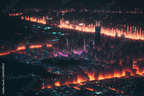 Abstract neon city aerial view. Technology concept of night cityscape with blue lights in synthwave style.