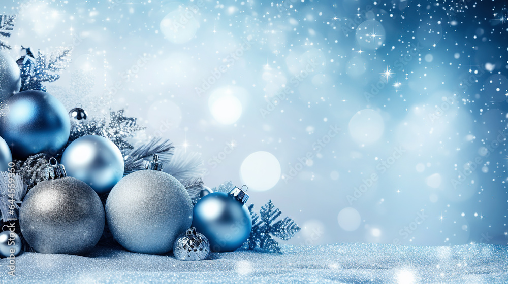 Postcard template for Merry Christmas and Happy New Year. Christmas tree balls in light blue colors Postcard template for Merry Christmas and Happy New Year. Christmas tree balls in light blue colors