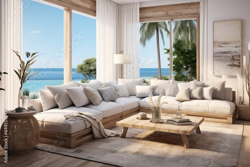 Relaxing Living Room by the Sea. Generative Ai