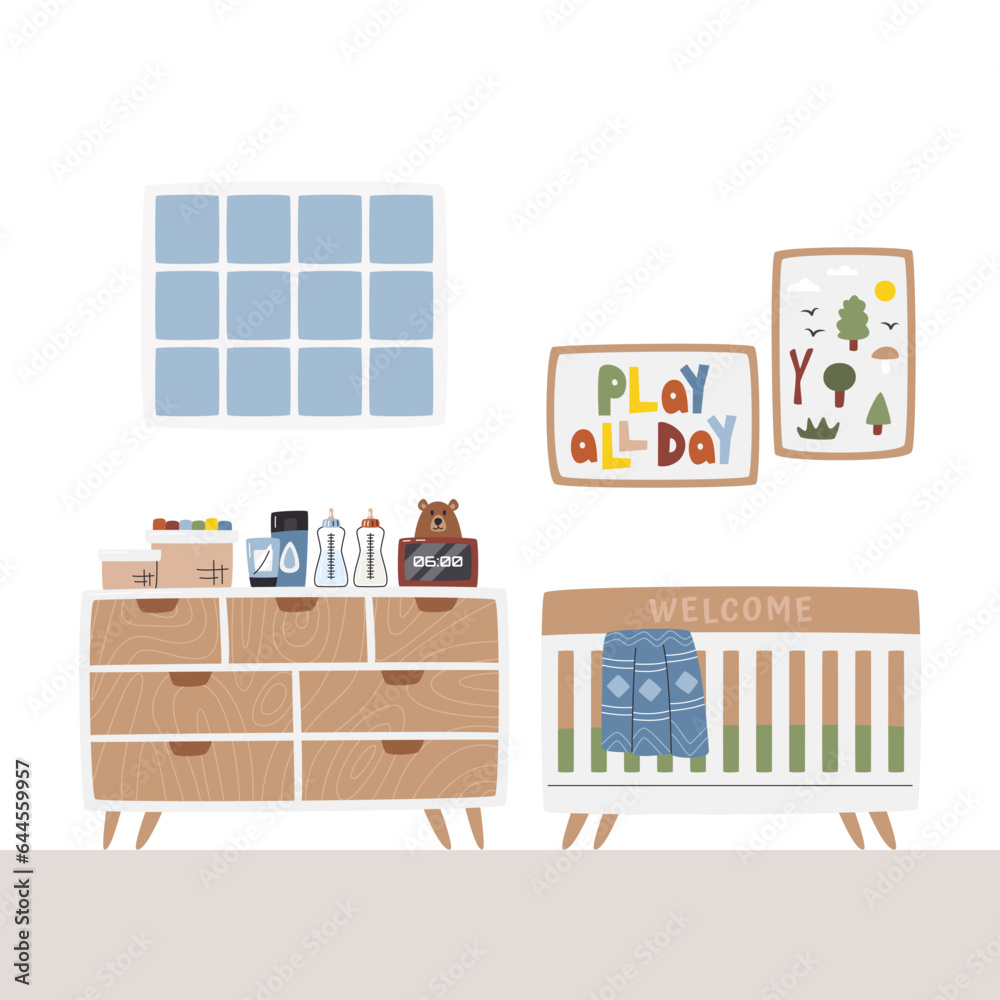 Mid-century modern stylish nursery interior. Baby bedroom design decorated with posters wall art. Cute infant objects and accessories. Scandi home related details hand drawn flat vector illustration