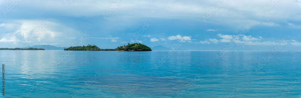 Bora Bora, Calm Lagoon with two Islands before Storm, Panorama Bora Bora, Calm Lagoon with two Islands before Storm, Panorama