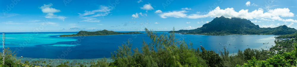 Bora Bora, Panorama with Mount Otemanu, Toopua Island, Vaitape and Nunue from TV Tower Lookout