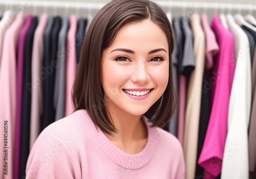 A beautiful young woman in a pink sweater near the rack with hangers in the wardrobe.