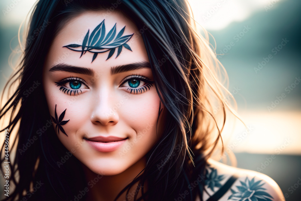 Portrait of a beautiful young woman with tattoo on her body and face. 