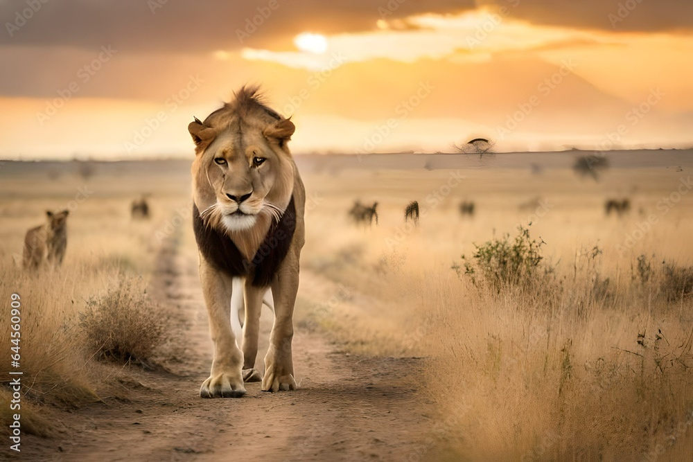 lion in the sunset generated ai - obrazy, fototapety, plakaty 