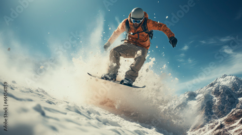Snowboarder in action jump with mountains in background, AI Generated