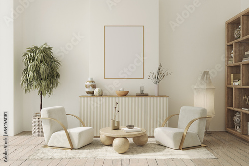 Contemporary interior design of the living room in soft neutral tones. Interior mockup, 3d render