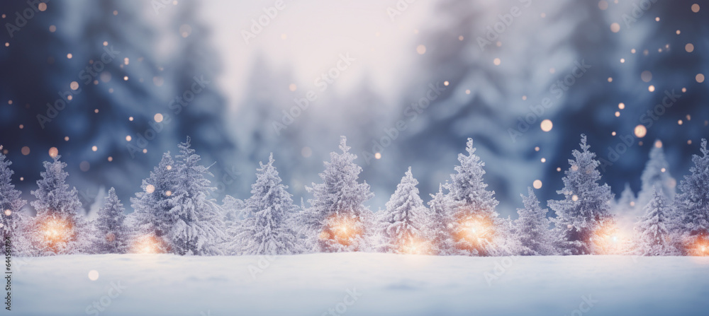 winter blurred background. Xmas tree with snow decorated with garland lights, holiday festive background. Widescreen backdrop winter blurred background. Xmas tree with snow decorated with garland lights, holiday festive background. Widescreen backdrop