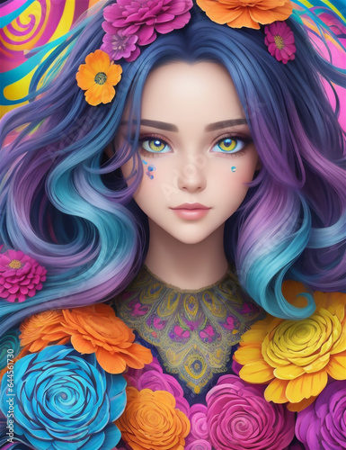 beautiful women portrait with flowers illustration art wallpaper in colorful background.