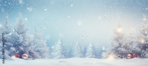 winter blurred background. Xmas tree with snow decorated with garland lights, holiday festive background. Widescreen backdrop