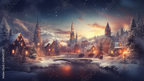 New Year's landscape with snow-covered houses and Christmas trees on Christmas Eve. AI generated