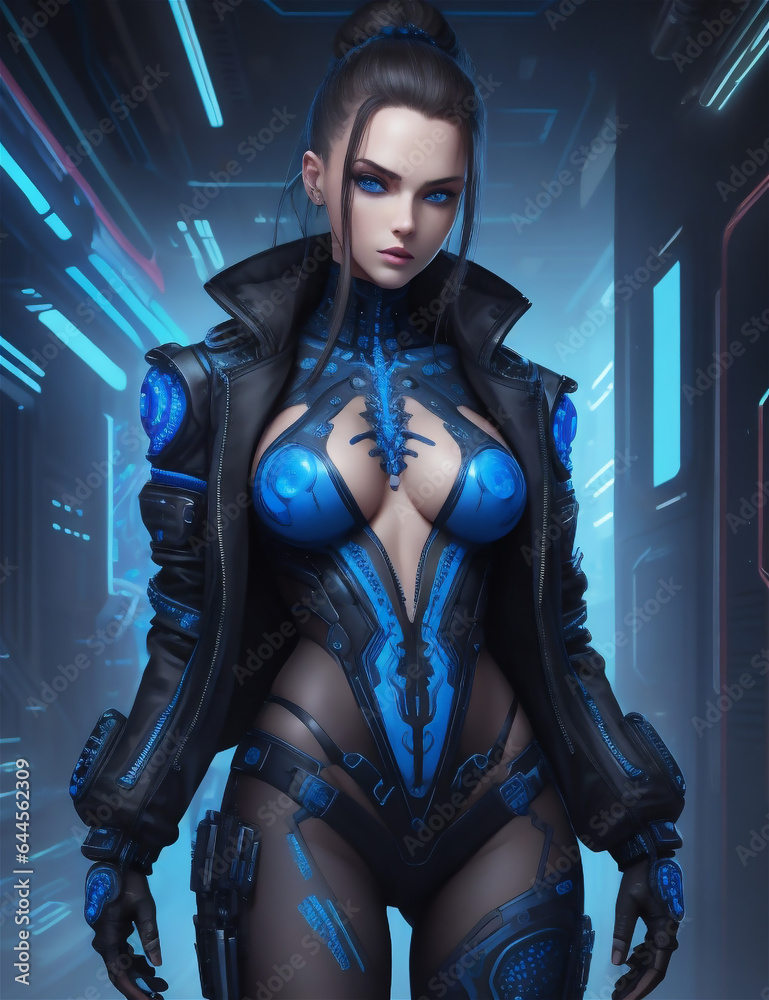 A cyber-girl walks lightly along the neon street of the city of the future.
