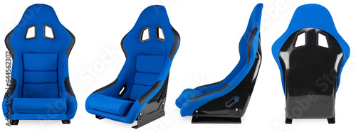 set collection of blue black carbon fiber motorsport race car tuning  sim racing bucket seat isolated white background