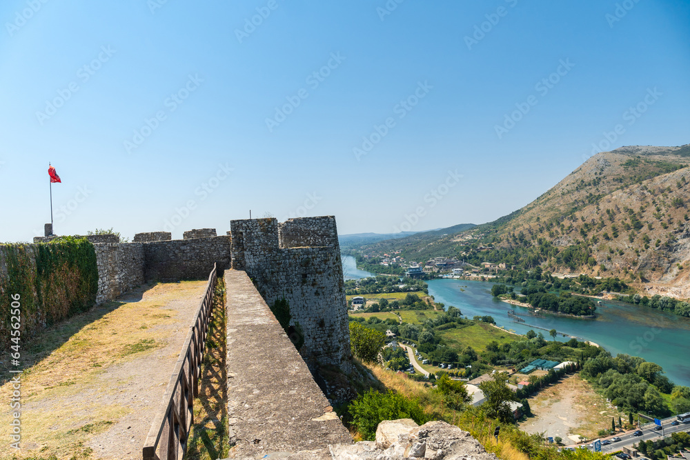 Fototapeta premium Views of the river from the walls of Rozafa Castle and its citadel in the city of Shkoder. Albania