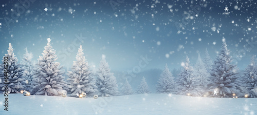 winter blurred background. Xmas tree with snow decorated with garland lights, holiday festive background. Widescreen backdrop © MUS_GRAPHIC