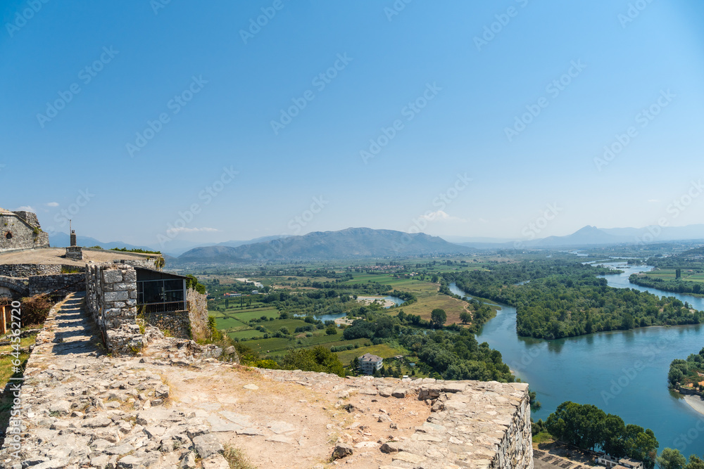 View of the river from the Walls of Rozafa Castle and its citadel in the city of Shkoder. Albania