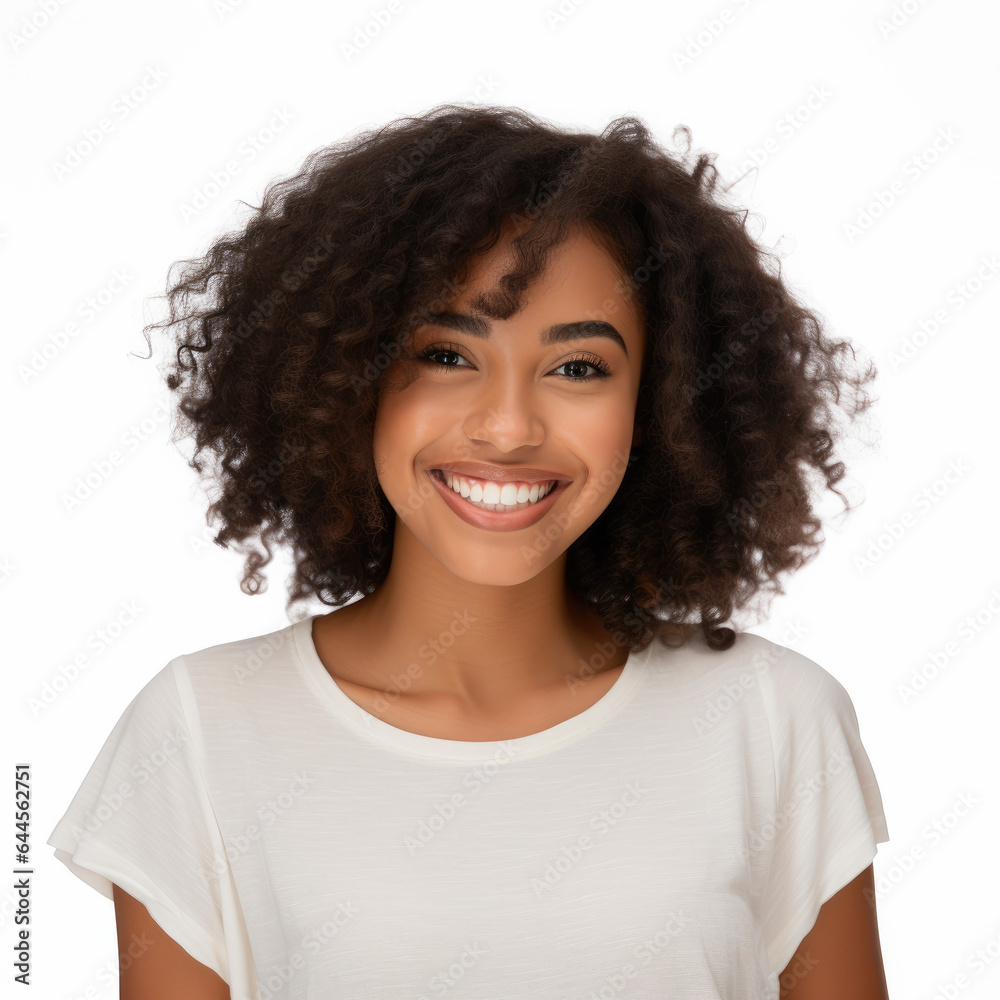 Portrait of a Black woman set against a solid white background, embodying grace and confidence.