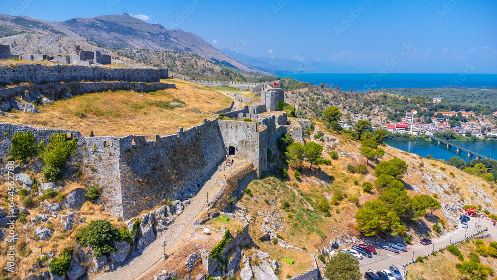 Aerial drone view of Rozafa Castle in the city Shkoder and its walls. Albania