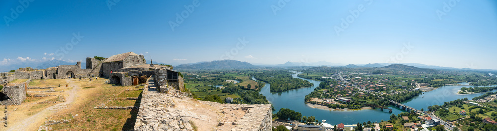 Panoramic of the river from the walls of Rozafa Castle and its citadel in the city of Shkoder. Albania