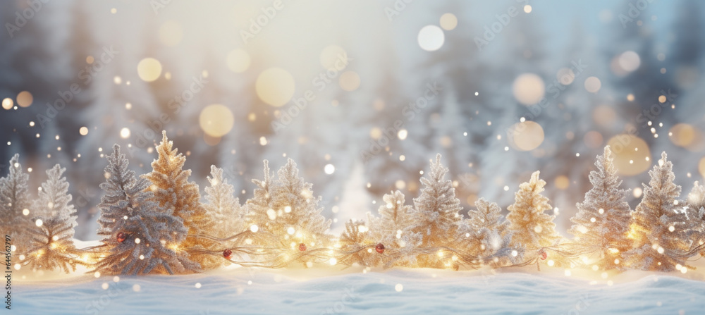 winter blurred background. Xmas tree with snow decorated with garland lights, holiday festive background. Widescreen backdrop winter blurred background. Xmas tree with snow decorated with garland lights, holiday festive background. Widescreen backdrop