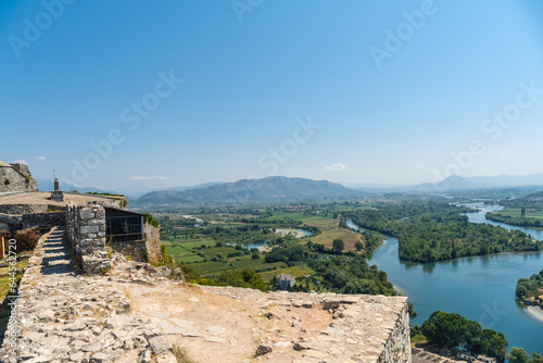 View of the river from the Walls of Rozafa Castle and its citadel in the city of Shkoder. Albania